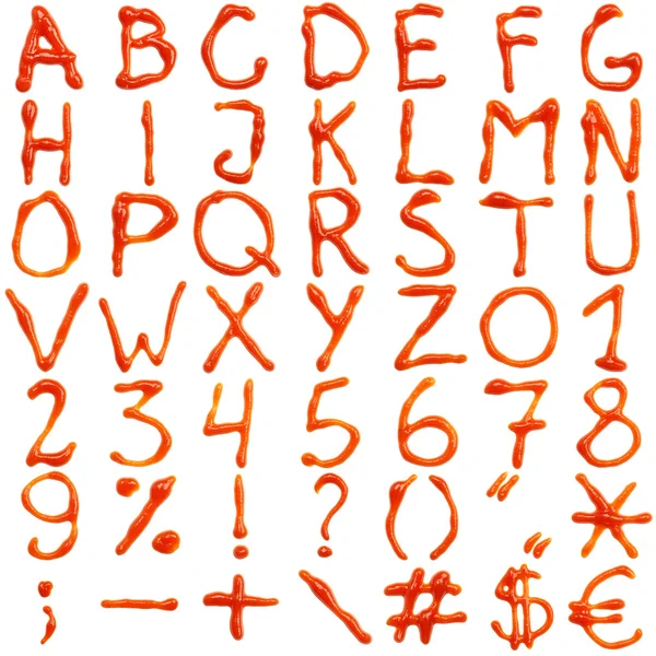 Кетчуп Буквы Цифры Знаки Изолированные Белом Фоне — стоковое фото