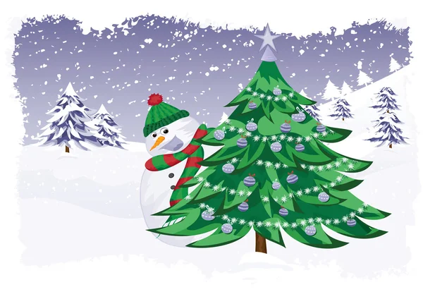 Snowman and christmas tree — Stock Vector