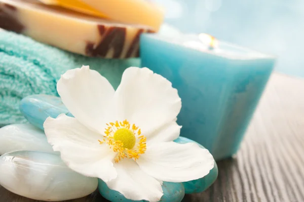 Ajuste de spa con flor y vela azul —  Fotos de Stock