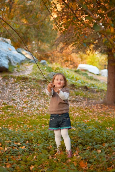 The girl is pulling back tree branch — Stock Photo, Image