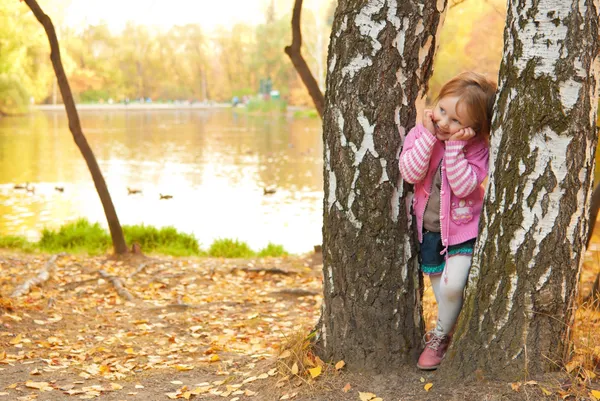 Smiling girl stands between birch trees — Stock Photo, Image