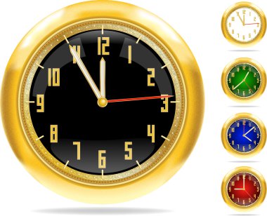 Detailed vector image set of golden retro clocks in different colors. Used blends and meshes. Can fit any size. clipart