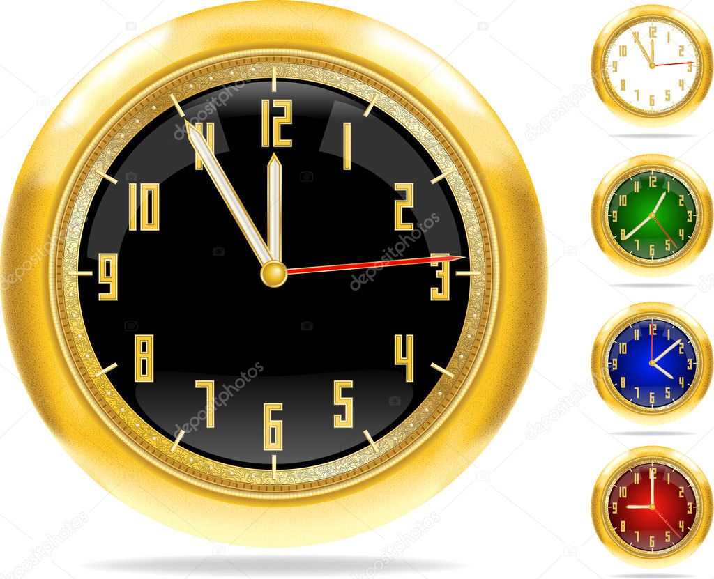 Detailed vector image set of golden retro clocks in different colors. Used blends and meshes. Can fit any size.