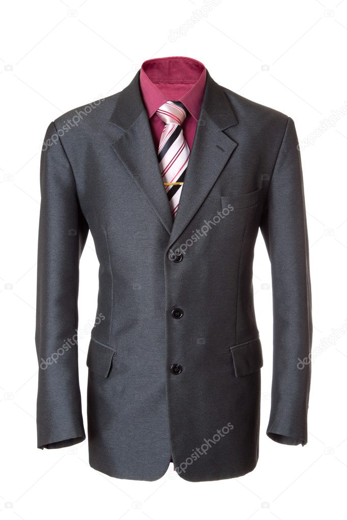Empty grey office suit. Also red shirt, necktie and golden clip. Isolated over white