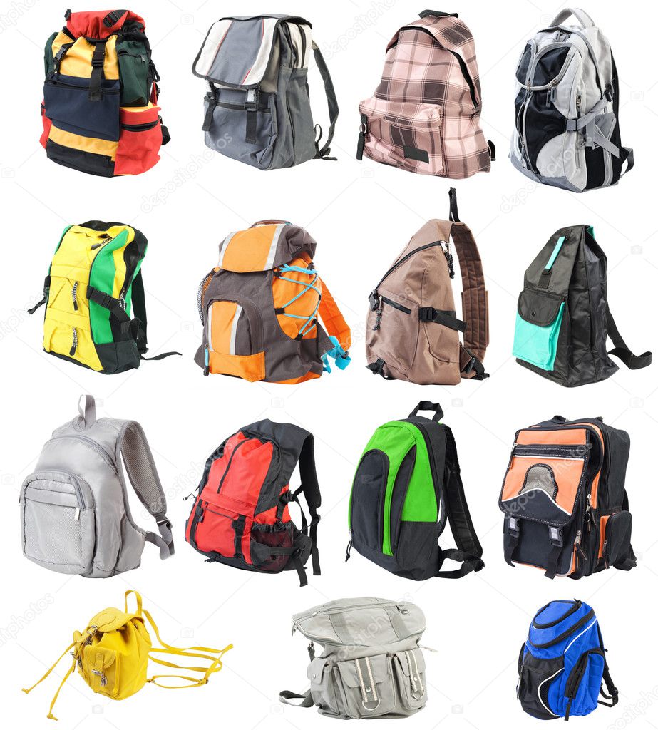 Big collection of small urban and sports bagpacks. 15 colorful objects isolated over white