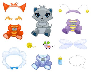 A cute grey kitten, clothes, accessories and a label for Your text. clipart