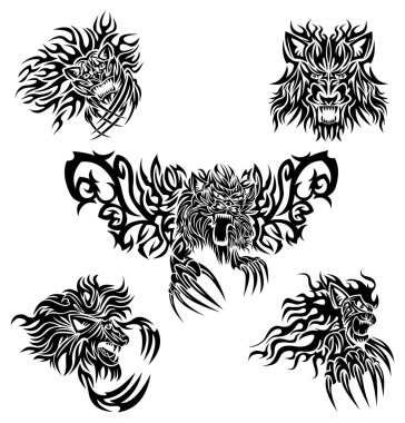 The collection of five tattoo designs with flaming lions. clipart