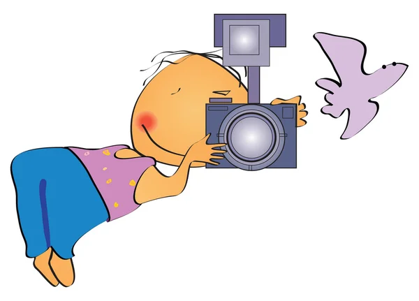 性格开朗的绘制的摄影师与手中的相机和被采取了小鸟 — 图库照片