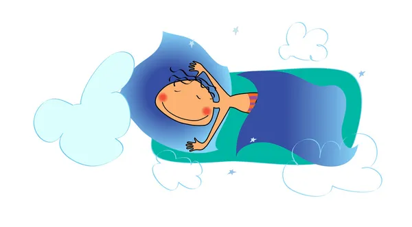 星と雲に囲まれて枕で寝て小さな男 — ストックベクタ