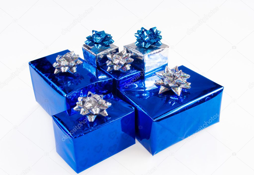 Blue shiny boxes for gifts with ribbons