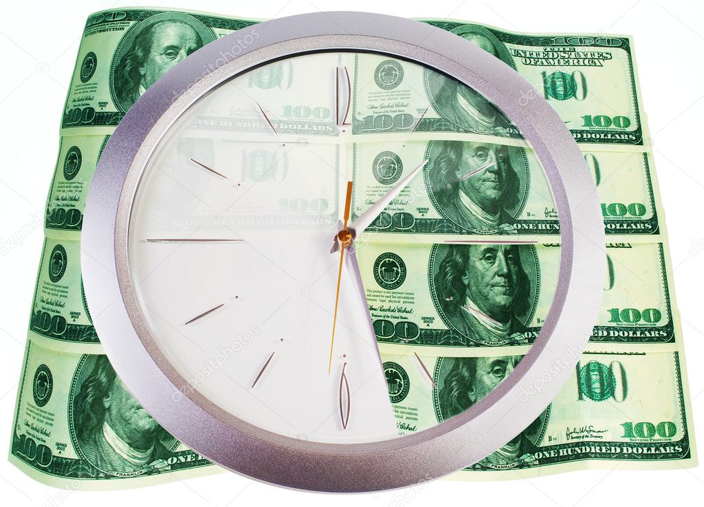 Clock and 100 dollar banknotes on a white background