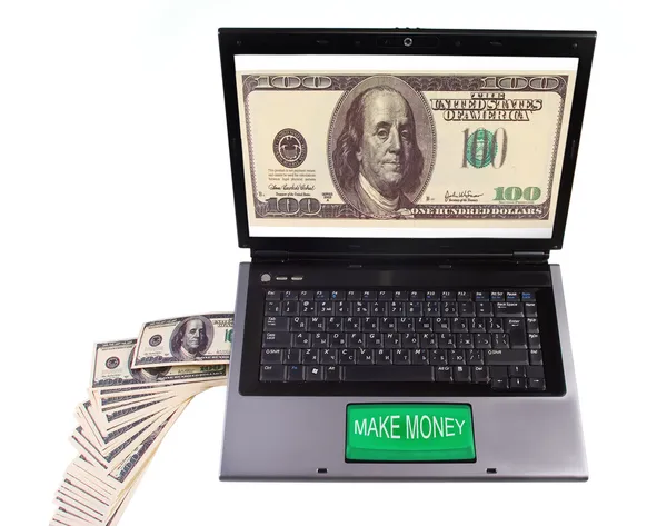 Комп'ютер з великою зеленою кнопкою " Зробити гроші " — стокове фото