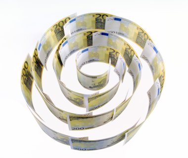 Spiral of 200 euro banknotes on the white clipart