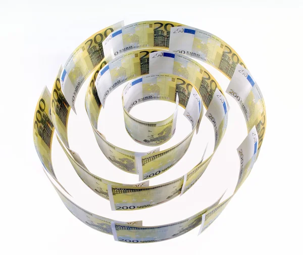 白纸上200欧元钞票的螺旋形结构 — 图库照片