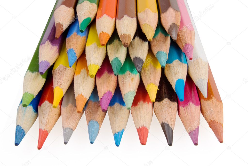 Group of color pencils on the white background