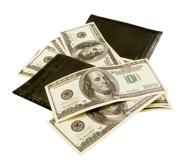 Czarny Portfel Wieloma Banknotów 100 Dolarów — Zdjęcie stockowe