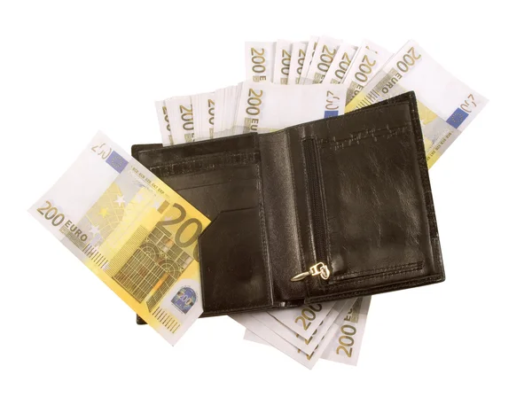 stock image Black purse with lots of notes of 200 euro