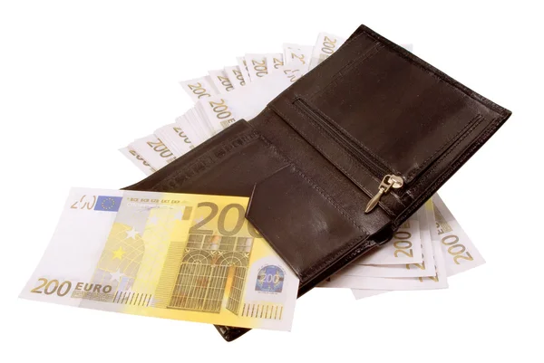 Bolsa Preta Com Muitas Notas 200 Euros — Fotografia de Stock