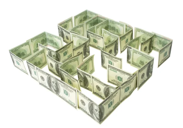 Лабиринт зеленых долларов изолирован на белом — стоковое фото