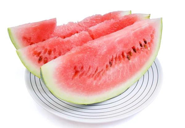 Drei Portionen Rote Wassermelone Auf Weißem Teller — Stockfoto