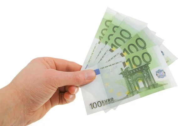 Mans hand med räkningar hundra euro — Stockfoto