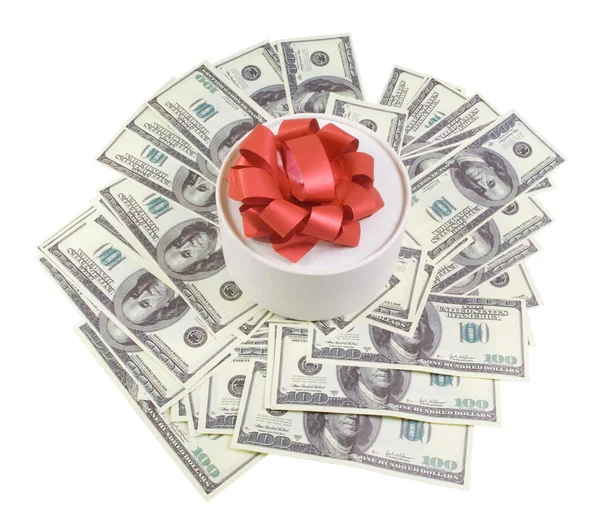 Round box with banknotes for one hundred dollars — Stock Photo, Image