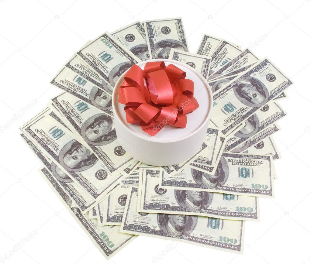 Round box with banknotes for one hundred dollars