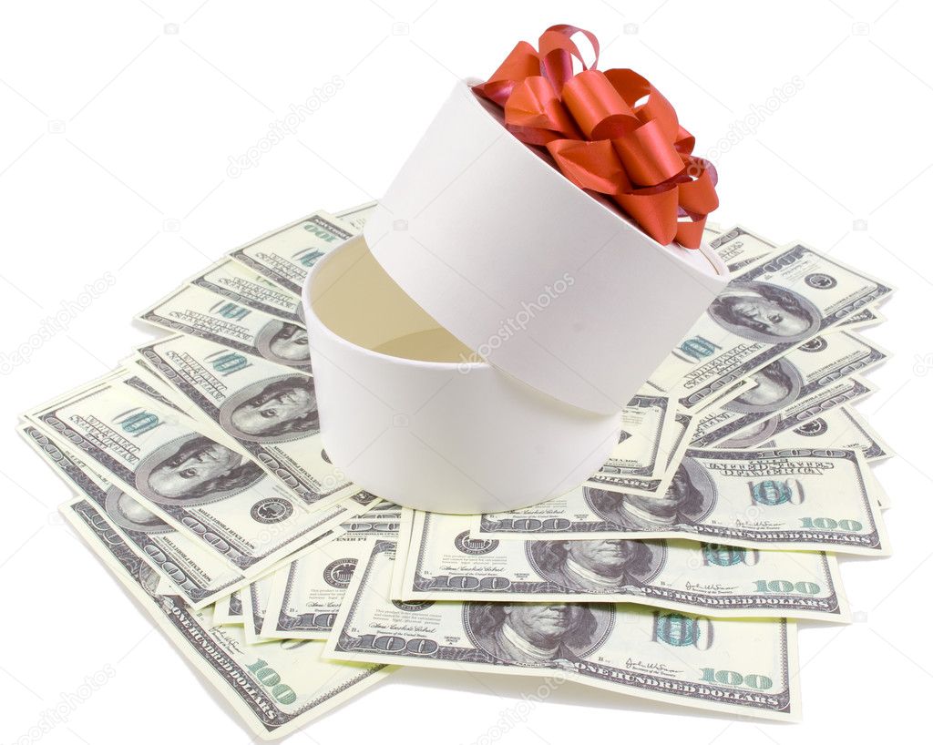 White round box with banknotes for one hundred dollars