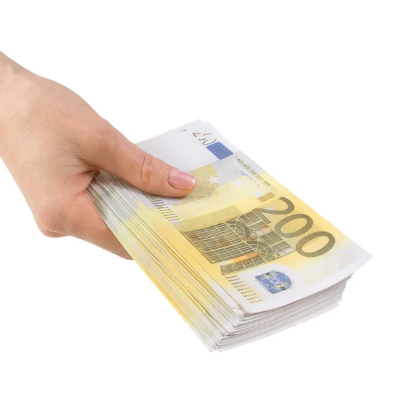 Mão com um pacote de notas duzentos euros — Fotografia de Stock
