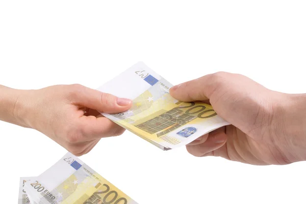 Händer med sedlar två hundra euro — Stockfoto