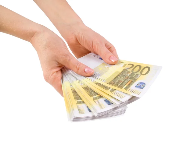 Händer med en bunt sedlar två hundra euro — Stockfoto