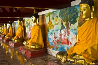 Many golden buddha statues in the temple Wat Mahathat clipart