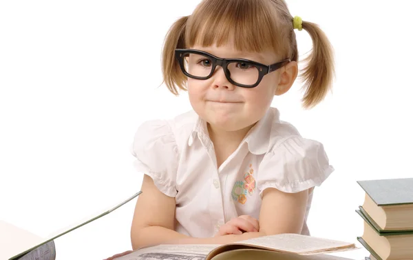 Gelukkig meisje met boek zwarte bril — Stockfoto