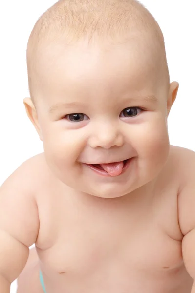 Ευχαρίστως toddler χαμογελαστή, κολλώντας τη γλώσσα του — Φωτογραφία Αρχείου