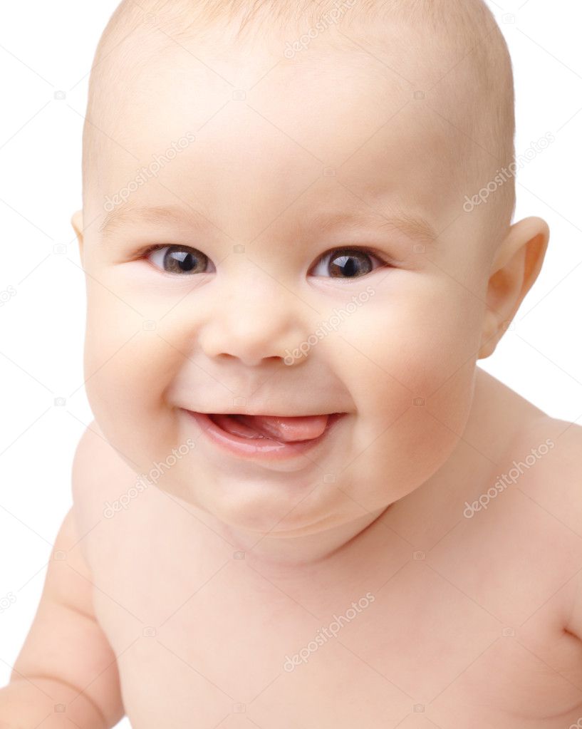 Happy toddler smiling, sticking his tongue out