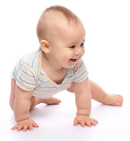 Happy Child Crawling Floor Smile Isolated White — Stock Photo, Image