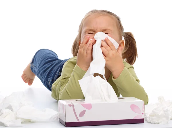 Little Girl Blows Her Nose While Laying Floor Isolated White — Stock Photo, Image