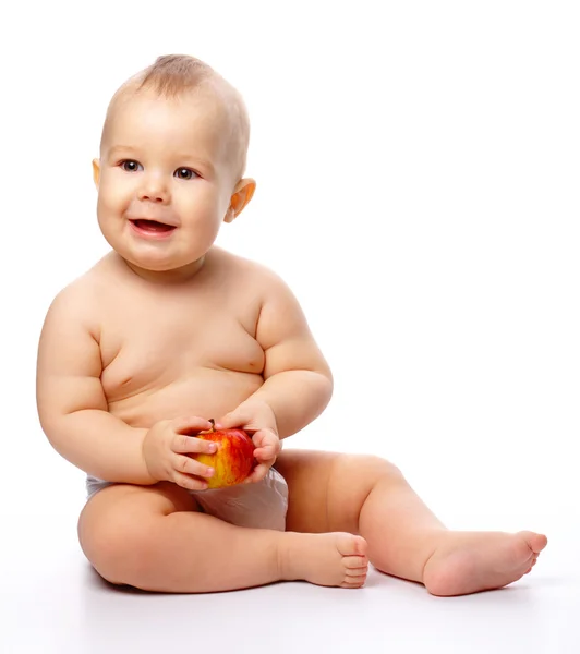 Portrét Roztomilé Malé Dítě Červené Jablko Izolované Bílém — Stock fotografie