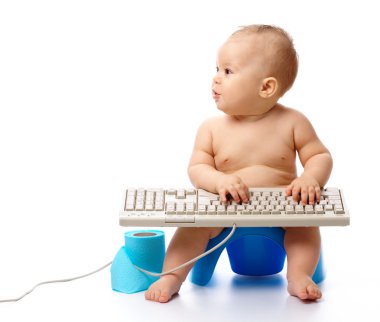 Little child is typing while sitting on potty, isolated over white clipart