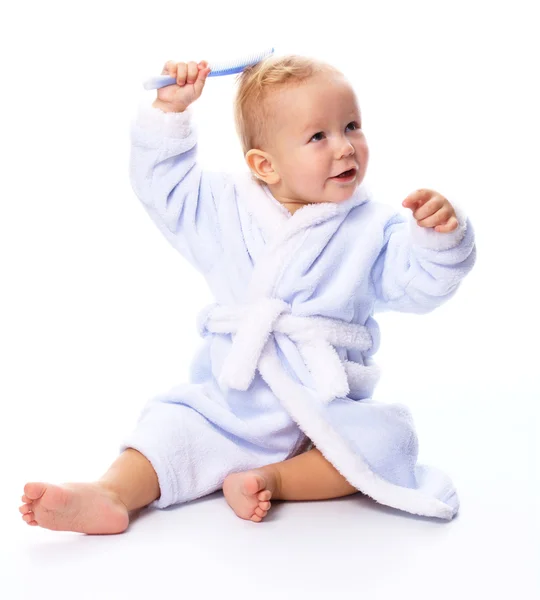 Bright Portrait Cheerful Child Blue Bathrobe Combing His Hair Isolated Royalty Free Stock Photos