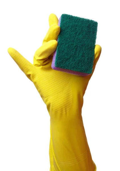 Hand Handske Håller Tvättsvamp Isolerade Över Vita — Stockfoto