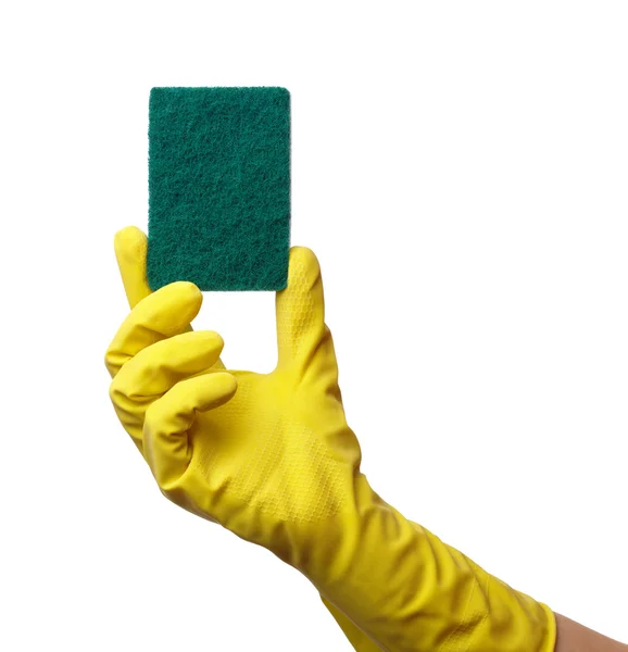 Hand Glove Holding Washing Sponge Isolated White — Stock Photo, Image