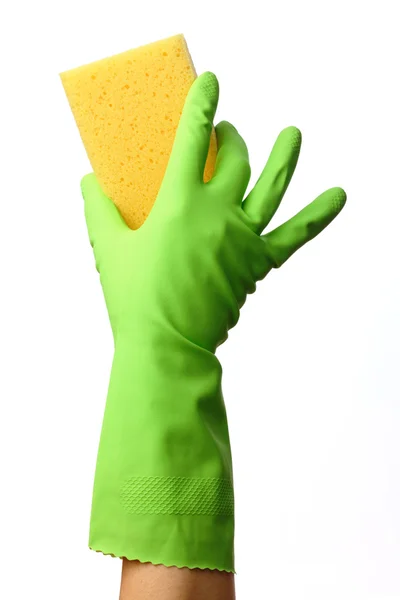 Guante de mano sosteniendo esponja de lavado — Foto de Stock