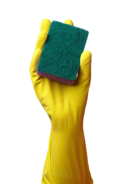 Hand Handschoen Houden Wassen Spons Geïsoleerd Wit — Stockfoto