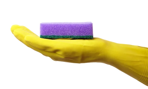 Guante de mano sosteniendo esponja de lavado —  Fotos de Stock