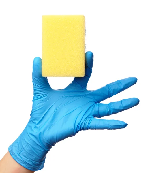 Hand in glove holding washing sponge — Stock Photo, Image