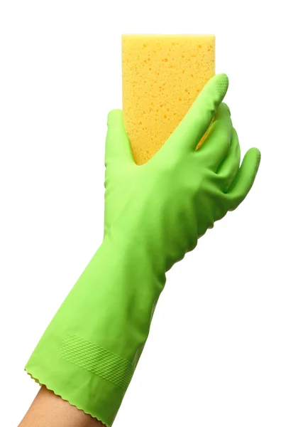 Hand Glove Holding Washing Sponge Isolated White — Stock Photo, Image