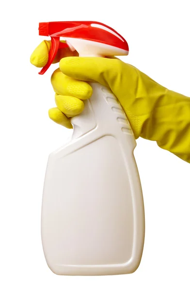 Chores Hand Yellow Glove Holds Sprayer Chemical Cleaner Isolated White — Stock Photo, Image