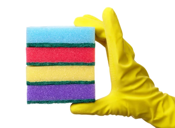 Hand Glove Holding Few Washing Sponges Amount Housework Concept Isolated — Stock Photo, Image