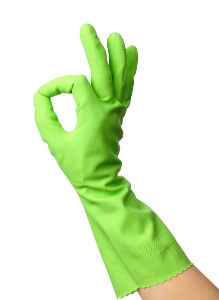 Mano usando guantes de goma muestra signo OK — Foto de Stock